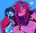  +++ 1girl 1other ? aqua_skin armlet blue_background blue_hair bracelet colored_sclera colored_skin commentary crossed_arms deltarune dollychoux english_commentary furry furry_female highres jewelry kris_(dark_world)_(deltarune) kris_(deltarune) long_hair open_mouth purple_hair purple_skin red_eyes reptile_girl sharp_teeth short_hair smile spiked_armlet spiked_bracelet spikes spoken_question_mark susie_(dark_world)_(deltarune) susie_(deltarune) teeth utdr_(toby_fox) vambraces yellow_sclera 