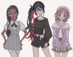  3girls amarys_(pokemon) beret black_hair black_shirt brown_eyes brown_skirt carmine_(pokemon) collarbone colored_inner_hair dark-skinned_female dark_skin earrings enekonoshippo27 green_eyes hat highres jacket jewelry lacey_(pokemon) long_hair looking_at_viewer multicolored_hair multiple_girls open_mouth pantyhose pink_hair pink_jacket plaid_clothes plaid_skirt pokemon pokemon_scarlet_and_violet red_hair shirt side_ponytail simple_background skirt two_side_up white_background white_hat white_pantyhose yellow_eyes 