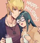  1boy 1girl artist_name black_hair black_shirt blonde_hair carly_nagisa coffee_mug coke-bottle_glasses commentary_request cup earrings glasses happy_holidays highres ishinonono jack_atlas jewelry long_hair mug necklace open_mouth purple_eyes shirt smile sweater turtleneck turtleneck_sweater yu-gi-oh! yu-gi-oh!_5d's 