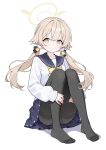  1girl absurdres black_pantyhose blue_archive blue_sailor_collar blue_skirt blush bow bowtie brown_hair chinese_commentary closed_mouth commentary_request dot_mouth hair_between_eyes hair_ornament halo hifumi_(blue_archive) highres knees_up long_hair long_sleeves looking_at_viewer low_twintails no_shoes panties panties_under_pantyhose pantyhose pantyshot pleated_skirt sailor_collar school_uniform simple_background sitting skirt solo thighband_pantyhose twintails underwear white_background wing_hair_ornament winged_halo xingyun_fankic yellow_bow yellow_bowtie yellow_eyes yellow_halo 