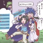  1girl 250en_remon 2boys alternate_costume blue_hair commentary_request cosplay facial_mark fire_emblem fire_emblem:_path_of_radiance fire_emblem:_the_blazing_blade fire_emblem_heroes forehead_mark green_hair headband ike_(fire_emblem) male_focus multiple_boys nino_(fire_emblem) nino_(fire_emblem)_(cosplay) no_eyes open_mouth shaded_face short_hair soren_(fire_emblem) speech_bubble surprised thought_bubble translation_request twitter_username 