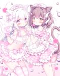  2girls :p animal_ear_fluff animal_ears animal_hands apron azumi_kazuki blush bow breasts brown_eyes brown_hair candy cat_ears cat_girl cat_tail closed_mouth commentary_request food frilled_apron frilled_skirt frills gloves hair_between_eyes hair_bow heart heart-shaped_food heart-shaped_lollipop highres holding holding_candy holding_food holding_lollipop lollipop long_hair multiple_girls navel original parted_lips paw_gloves pink_skirt pink_sleeves plaid_clothes plaid_skirt plaid_sleeves puffy_short_sleeves puffy_sleeves purple_eyes shaped_lollipop short_sleeves skirt small_breasts smile striped_clothes striped_thighhighs tail thighhighs tongue tongue_out very_long_hair waist_apron water_drop white_apron white_background white_bow white_gloves white_hair 
