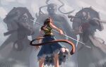  1girl 3boys absurdres ametonalu black_myth:_wukong blue_dress bo_staff brown_hair character_request circlet commentary confrontation detached_sleeves dress english_commentary from_behind from_below giant gold_circlet green_dress highres holding holding_staff long_hair mixed-language_commentary monkey_girl monkey_tail multicolored_dress multiple_boys ruyi_jingu_bang single-shoulder_dress single_detached_sleeve son_biten staff tail touhou yellow_dress 
