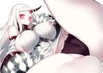  bare_shoulders black_panties blush breasts claws covered_nipples detached_sleeves dress glowing glowing_eyes horn huge_breasts inayama kantai_collection long_hair open_mouth pale_skin panties red_eyes ribbed_dress seaport_hime shinkaisei-kan short_dress sideboob simple_background solo spread_legs underwear white_background white_hair 