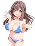  1girl :d absurdres bikini blue_bikini blush breasts brown_hair collarbone commentary_request highres idolmaster idolmaster_shiny_colors large_breasts long_hair looking_at_viewer navel open_mouth red_eyes renny_(seraphyfether) side-tie_bikini_bottom simple_background smile solo standing swimsuit tsukioka_kogane white_background 