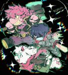  1boy 1girl 1other absurdres androgynous antenna_hair artist_name axe barefoot black_boots black_hair black_vest blue_skin boots bracelet buckle chibi chibi_only chromatic_aberration colored_sclera colored_skin commentary deltarune english_commentary fangs freckles furry furry_female furry_male glasses heart heart-shaped_buckle highres holding holding_axe holding_sword holding_weapon jewelry kris_(dark_world)_(deltarune) kris_(deltarune) latencyknight long_hair long_sleeves open_clothes open_mouth open_vest pants pink_eyes pink_scarf purple_hair purple_pants purple_skin ralsei red_eyes round_eyewear scarf shaded_face sharp_teeth short_hair skin_fangs spiked_bracelet spikes susie_(dark_world)_(deltarune) susie_(deltarune) sword teeth twitter_username utdr_(toby_fox) vest weapon yellow_sclera 