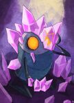  1boy abstract_background aizawa_sachi arthropod_boy arthropod_limbs black_skin blue_skin colored_skin commentary_request crystal crystal_guardian_(hollow_knight) crystal_peak crystal_shards crystallization gem gem_on_head glowing glowing_eyes gradient_background grey_skin hand_on_own_head hollow_knight kneeling looking_to_the_side male_focus orange_eyes pink_gem purple_background solo white_background 