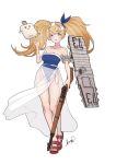  1girl blonde_hair blue_eyes blue_one-piece_swimsuit breasts casual_one-piece_swimsuit commentary_request flight_deck gambier_bay_(kancolle) gun hair_between_eyes highleg highleg_one-piece_swimsuit highres holding holding_gun holding_weapon kantai_collection large_breasts long_hair m1_garand neve_(morris-minicooper) one-piece_swimsuit rifle rigging sandals sarong swimsuit twintails very_long_hair weapon white_sarong 