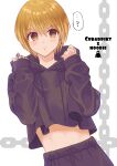  1boy ? ayuko_(ayuco) black_hoodie black_pants blonde_hair brown_eyes commentary_request earrings highres hood hood_down hoodie hunter_x_hunter jewelry kurapika light_blush male_focus midriff_peek pants short_hair solo speech_bubble spoken_question_mark sweatpants upper_body 