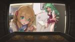  2girls animal_ears apron baking black_sclera blue_eyes bow bowtie brown_hair cardigan colored_sclera cookie cow_ears cow_girl cow_horns cow_tail crelly dice_hair_ornament food green_hair grey_eyes grey_sclera hair_between_eyes hair_ornament hair_ribbon heart heart_hair_ornament heterochromia highres horns indie_virtual_youtuber long_hair long_sleeves mbkona mismatched_sclera mole mole_under_mouth multiple_girls neuro-sama open_mouth oven ponytail red_eyes red_ribbon ribbon shirt short_sleeves tail two_side_up vedal_ai virtual_youtuber white_shirt x_hair_ornament yellow_cardigan 