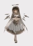  1girl absurdres aged_down alternate_costume arknights black_dress black_eyes black_hair black_halo black_shoes blunt_bangs broken_halo child chinese_commentary closed_mouth commentary_request cricifysiki detached_wings dress frilled_dress frills full_body gloves grey_background halo highres long_hair looking_at_viewer mole mole_under_eye own_hands_clasped own_hands_together pantyhose pleated_dress puffy_short_sleeves puffy_sleeves shoes short_sleeves sidelocks simple_background smile solo standing very_long_hair virtuosa_(arknights) white_gloves white_pantyhose wings 