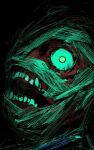  1boy bandaged_head bandages black_background bloodshot_eyes commentary commentary_request curly_(mouthwashing) curly_(post-crash)_(mouthwashing) dark_background green_eyes highres horror_(theme) looking_at_viewer male_focus mouthwashing open_mouth solo teeth yutosatoshi 