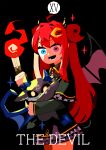  1girl 1other ahoge black_background black_capelet black_horns black_sclera black_skirt black_tail blending blue_eyes blue_horns blue_wings capelet card_(medium) chibikemo claws collared_capelet colored_sclera commentary_request cowboy_shot creature crescent crescent_hair_ornament debidebi_debiru demon demon_girl demon_horns demon_tail demon_wings double_bun english_text fang frilled_capelet frilled_skirt frills hair_bun hair_ornament hand_up heterochromia highres holding holding_creature holding_torch horns layered_skirt long_hair long_sleeves looking_at_viewer miniskirt multiple_horns nijisanji no_pupils nogugera open_mouth purple_eyes purple_skirt purple_wings red_hair roman_numeral simple_background skin_fang skirt smile sparkle tail tarot tarot_(medium) the_devil_(tarot) torch very_long_hair virtual_youtuber wings yellow_eyes yuzuki_roa yuzuki_roa_(1st_costume) 