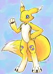  3_fingers 3_toes ambiguous_gender black_nose blue_eyes canine claws cute digimon fox fur kazooie_(artist) looking_at_viewer mammal nude renamon solo standing toes yellow_fur 