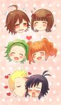  3boys 3girls :d ^_^ ahoge amagase_touma amami_haruka ayuko_(ayuco) black_hair black_hairband blank_eyes blonde_hair blush bow brown_hair closed_eyes closed_mouth commentary_request green_hair hair_bow hairband head_only heart hetero idolmaster idolmaster_(classic) idolmaster_side-m ijuuin_hokuto kikuchi_makoto mitarai_shouta multiple_boys multiple_girls multiple_hair_bows open_mouth orange_hair red_bow short_hair smile takatsuki_yayoi twintails v-shaped_eyebrows 