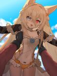  1girl animal_ears barcode blonde_hair blue_eyes blue_flower blue_rose breasts cleavage collarbone commander_(girls'_frontline) commentary_request covered_navel fang flower frills g41_(floral_confession)_(girls'_frontline) g41_(girls'_frontline) girls'_frontline griffin_&amp;_kryuger_military_uniform hair_between_eyes heterochromia highres lifting_person light_blush long_hair looking_at_viewer luofang_hangzhou mechanical_arms open_mouth pov pov_hands red_eyes rose small_breasts smile very_long_hair 