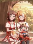  2girls absurdres amami_haruka black_skirt black_thighhighs blue_eyes blush bokura_wa_ima_no_naka_de brown_hair character_doll closed_mouth commentary_request day doll dress fingerless_gloves gloves green_eyes hair_ribbon haruka-san highres idolmaster idolmaster_(classic) kosaka_honoka light_smile looking_at_viewer love_live! love_live!_school_idol_project multiple_girls nesoberi official_alternate_costume one_side_up outdoors puchimasu! red_dress red_gloves red_ribbon red_skirt ribbon shirt short_hair short_sleeves side-by-side sitting skirt starry_fairy_(idolmaster) stuffed_toy thighhighs tsushima_191011 white_shirt 