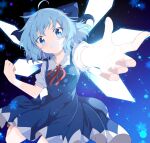  1girl blue_background blue_dress blue_eyes blue_hair blush bow brown_shoes cirno collared_shirt commentary_request do_(4-rt) dress foot_out_of_frame gradient_background hair_bow highres ice ice_wings jumping loafers looking_at_viewer medium_hair neck_ribbon open_mouth pinafore_dress reaching reaching_towards_viewer red_ribbon ribbon shirt shoes short_sleeves sidelocks sleeveless sleeveless_dress snowflakes solo teeth touhou white_shirt wings 