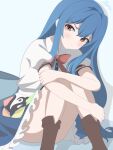  1girl :t absurdres blue_background blue_hair blue_sky blush bow bowtie brown_shoes closed_mouth commentary frilled_skirt frills highres hinanawi_tenshi knees_up liendri long_hair looking_at_viewer red_bow red_bowtie red_eyes shirt shoes short_sleeves sidelocks signature simple_background sitting skirt sky solo touhou unworn_headwear white_shirt 