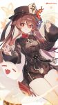  1girl black_nails black_shorts breasts brown_coat brown_hair bug butterfly chinese_clothes closed_mouth coat coattails collared_coat commentary_request flower flower-shaped_pupils funa_(sakana) genshin_impact ghost gradient_hair hair_between_eyes hands_up hat hat_flower hat_tassel highres hu_tao_(genshin_impact) jewelry long_hair long_sleeves looking_at_viewer mandarin_collar multicolored_hair multiple_rings nail_polish plum_blossoms porkpie_hat red_eyes red_shirt ring shirt short_shorts shorts sidelocks smile solo symbol-shaped_pupils tailcoat tassel thighs twintails twitter_username very_long_hair wide_sleeves 