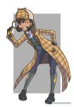  1girl alternate_costume black_hair black_shoes coat collared_shirt commentary cosplay emma_(pokemon) full_body gloves green_vest grin hand_on_own_hip hand_up hat holding holding_magnifying_glass leaning_forward long_sleeves magnifying_glass one_eye_closed open_clothes open_coat pokemon pokemon_legends:_z-a pokemon_masters_ex purple_eyes shirt shoes short_hair smile snowiecomics solo standing steven_stone steven_stone_(cosplay) steven_stone_(special_costume) teeth vest white_shirt 