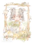  1girl animal_ears blush_stickers border bow braid buttons commentary_request dog_ears dog_girl dog_tail dress fang freckles frills grey_eyes grey_hair high_collar highres long_sleeves multicolored_hair mura_(yoshishi_ff) open_mouth original ornate_border painting_(medium) pinafore_dress plaid_bow plaid_clothes plaid_dress puffy_long_sleeves puffy_sleeves sheep sleeveless sleeveless_dress solo tail tareme traditional_media twin_braids two-tone_hair watercolor_(medium) watermark white_hair yellow_bow yellow_dress 