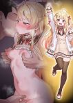  1boy 1girl :d absurdres ahoge arm_up arms_up black_thighhighs blonde_hair commentary_request fingering hair_ornament hetero highres hololive hololive_dev_is jacket kiss kokemomo_(makesound) long_hair looking_at_viewer musical_note musical_note_hair_ornament nipple_rub nipple_stimulation open_mouth otonose_kanade otonose_kanade_(1st_costume) red_eyes smile steam thigh_strap thighhighs uncensored virtual_youtuber white_jacket 