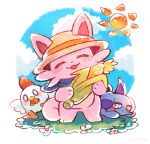  blue_fur cattiva chikipi closed_eyes cloud commentary_request corn corn_cob depresso flower grass hat holding mono750x no_humans open_mouth pal_(creature) palworld pink_fur purple_fur simple_background sun two-tone_fur white_background white_flower 
