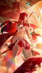  1girl absurdres asymmetrical_gloves bracelet cape commentary dress elbow_gloves flag gloves highres himeko_(honkai:_star_rail) himeko_(nova)_(honkai:_star_rail) holding holding_flag honkai:_star_rail honkai_(series) jewelry long_hair looking_to_the_side mihan_(mihan_art) mismatched_gloves parted_lips red_cape red_gloves red_hair solo standing starblazer_(honkai:_star_rail) uneven_gloves very_long_hair white_dress white_gloves yellow_eyes 