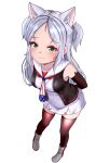  1girl :3 absurdres american_flag_neckwear animal_ears azur_lane bare_shoulders black_gloves black_vest blush boots breasts cat_ears cat_girl commentary_request dedorudy dress elbow_gloves full_body gloves green_eyes highres leaning_forward long_hair medium_breasts neckerchief open_clothes open_vest short_dress sims_(azur_lane) skindentation sleeveless sleeveless_dress small_breasts solo standing thighhighs thighs very_long_hair vest white_dress white_hair 
