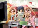  1boy 2girls animal_ears blonde_hair blue_eyes blush breasts brown_eyes brown_hair cleavage commentary controller couch eudetenis fake_animal_ears game_console game_controller hood hoodie indoors large_breasts long_hair medium_breasts multiple_girls one_eye_closed open_mouth original playing_games rabbit_ears short_hair sitting smile tail television underwear very_long_hair 