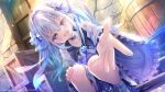  1girl 9-nine- :d arteria_raelius bare_shoulders blue_bow blue_choker blue_eyes blue_ribbon blush bow choker copyright_notice diamond_(gemstone) diamond_hair_ornament door dress dutch_angle eyes_visible_through_hair fangs floating_hair foot_out_of_frame foreshortening frilled_sleeves frills game_asset grey_hair hair_between_eyes hair_bow hair_ornament hair_ribbon hand_on_own_knee highres indoors izumi_tsubasu lens_flare light_particles long_hair long_sleeves looking_at_viewer medium_dress off-shoulder_dress off_shoulder official_art open_mouth outstretched_arm outstretched_hand pleated_dress print_choker promotional_art reaching reaching_towards_viewer ribbon shoes sidelighting sidelocks single_hair_intake smile solo squatting starry_sky_print tsurime white_dress white_shoes wide_sleeves wooden_box 