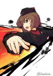  1girl black_hat black_jacket breasts buchikaki commentary_request cross from_side garrison_cap girls_und_panzer hat highres iron_cross jacket kuromorimine_military_uniform large_breasts long_sleeves looking_to_the_side military military_hat military_jacket military_uniform nishizumi_maho one-hour_drawing_challenge open_mouth red_background red_shirt screaming shirt simple_background solo white_background 