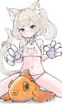  1girl absurdres animal_ears animal_hands bell blonde_hair blue_eyes blush bra breasts cat_cutout cat_ears cat_lingerie cat_tail cleavage cleavage_cutout clothing_cutout commentary_request froq_art gloves highres jingle_bell looking_at_viewer marimari_(vtuber) navel neck_bell panties paw_gloves phase_connect short_eyebrows side_ponytail small_breasts solo spread_legs tail tail_bell tail_ornament underwear virtual_youtuber white_background white_bra white_panties 