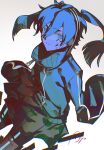  1girl :| agyou_sonokou_l artist_name black_skirt blue_eyes blue_hair blue_jacket closed_mouth commentary_request double-parted_bangs dutch_angle empty_sleeve ene_(kagerou_project) expressionless feet_out_of_frame floating_clothes floating_hair hair_between_eyes headphones high_collar highres jacket kagerou_project leaning_forward long_hair long_sleeves looking_at_viewer miniskirt partial_commentary pleated_skirt signature simple_background skirt solo standing track_jacket twintails white_background zipper_pull_tab 