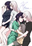 3girls aged_down barefoot black_hair black_shirt black_shorts blush brown_hair chinese_commentary cho_kaguya-hime! closed_eyes commentary_request drooling green_pajamas highres kaguya_(cho_kaguya-hime!) kurokawa_rikuu medium_hair mole mole_under_eye multiple_girls pajamas parted_lips pregnant runami_yachiyo sakayori_iroha science_babies shirt short_sleeves shorts white_hair white_shirt white_shorts yellow_shirt yuri 