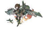  absurdres arm_guards armor bow bowtie breasts brown_hair czechoslovak_air_force finger_to_face fire frider frilled_wrist_cuffs frills highres long_sleeves mecha_musume orange_eyes original personification r-60_molniya rocket shoulder_armor small_breasts striped_bow striped_bowtie striped_clothes su-25 vehicle_and_personification war_thunder wings wrist_cuffs zettai_ryouiki 