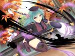  1girl :o architecture aura autumn autumn_leaves bashou_(senran_kagura) belt belt_pouch bike_shorts black_jacket black_necktie blunt_tresses boots breasts brown_belt brown_boots buttons calligraphy_brush double-breasted east_asian_architecture energy flower forest game_asset giant_brush gloves green_hair hair_between_eyes hair_flower hair_ornament hat hebijo_academy_school_uniform infinity_symbol ink jacket lace-up_boots large_breasts leaf light_particles long_hair long_sleeves looking_at_viewer loose_hair_strand maple_leaf military_hat nature necktie official_art open_mouth paintbrush paintbrush_hair_ornament peaked_cap pink_flower pouch purple_eyes purple_shirt purple_thighhighs school_uniform senran_kagura senran_kagura_new_link senran_kagura_new_wave shiny_skin shirt solo thigh_boots thighhighs tree white_gloves 