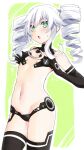  1girl bare_shoulders black_boots black_gloves black_sister black_sister_(next-gen_cradle) boots chestnut_mouth choujigen_game_neptune_mk2 commentary_request dot_nose drill_hair elbow_gloves flat_chest flustered gloves green_background green_eyes groin hair_between_eyes hands_on_own_chest highres iwashi_dorobou_-r- light_blush long_hair looking_at_viewer navel neptune_(series) open_mouth power_symbol power_symbol-shaped_pupils revealing_clothes solo sweatdrop symbol-shaped_pupils thigh_boots twin_drills white_hair 