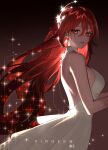  1girl absurdres alternate_costume backless_dress backless_outfit bare_arms bare_back breasts brown_background commentary dress earrings from_side hair_ornament highres himeko_(honkai:_star_rail) himeko_(nova)_(honkai:_star_rail) honkai:_star_rail honkai_(series) jewelry large_breasts long_hair looking_at_viewer looking_to_the_side orange_eyes parted_lips red_hair ringeko-chan simple_background solo sparkle star_(symbol) star_earrings star_hair_ornament turning_head white_dress 