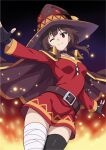  1girl argenisdraws asymmetrical_legwear bandaged_leg bandages belt_collar black_gloves black_thighhighs blunt_bangs breasts brown_cape brown_hair cape closed_mouth collar cowboy_shot dark_background dress explosion fingerless_gloves gloves hat highres kono_subarashii_sekai_ni_shukufuku_wo! looking_at_viewer megumin mismatched_legwear off-shoulder_dress off_shoulder one_eye_closed outstretched_arms red_dress red_eyes short_hair_with_long_locks single_thighhigh small_breasts smile solo spanish_commentary sparks standing thighhighs witch_hat zettai_ryouiki 