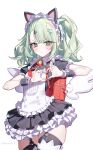  1girl absurdres animal_ears apron backpack bag bell black_dress blush cat_ears closed_mouth commentary_request cowboy_shot dress fake_animal_ears frilled_dress frills garter_straps green_eyes green_hair hair_ornament hairclip heart heart_hands highres looking_at_viewer maid maid_apron maid_headdress puffy_short_sleeves puffy_sleeves randoseru red_bag short_sleeves simple_background solo sunna_(afternoon_tea_break)_(zenless_zone_zero) sunna_(zenless_zone_zero) taiyaki12 thighhighs white_apron white_background white_thighhighs wings wrist_cuffs zenless_zone_zero 