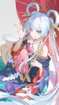 1girl absurdres blue_eyes blue_kimono breasts cho_kaguya-hime! cleavage commentary grey_background hair_ornament hair_rings hair_stick highres holding holding_umbrella japanese_clothes kimono long_hair off_shoulder oil-paper_umbrella open_mouth pink_hair red_umbrella runami_yachiyo shide solo twintails umbrella white_hair yinhepongpong 