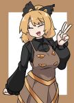  1girl absurdres black_bow blonde_hair blush bow breasts brown_background brown_dress closed_eyes commentary_request cowboy_shot dress extra_eyes hair_bow hair_bun highres kurodani_yamame long_sleeves looking_at_viewer medium_breasts open_mouth pinafore_dress rinyamame short_hair single_hair_bun sleeveless sleeveless_dress smile solo touhou two-tone_background v white_background 