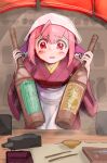  1girl animal_ears apron bird_ears blush bottle bowl chopsticks commentary highres holding holding_bottle iwashigumo japanese_clothes kimono leaning_forward looking_at_viewer mystia_lorelei okamisty open_mouth pink_hair red_eyes red_kimono short_hair solo touhou upper_body white_apron 