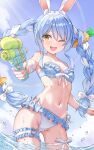  1girl :d animal_ear_fluff animal_ears bandaged_arm bandages bare_shoulders bikini blue_bikini blue_hair blue_nails blue_sky blue_wrist_cuffs bow braid breasts carrot_hair_ornament cloud collarbone contrapposto cowboy_shot day food-themed_hair_ornament frilled_bikini frilled_thigh_strap frills hair_bow hair_ornament halterneck highleg highleg_bikini highres holding holding_water_gun hololive leg_ribbon light_blush light_rays long_hair long_sidelocks multicolored_hair nail_polish navel one_eye_closed open_mouth outdoors plaid_bikini plaid_clothes qussie rabbit_ears ribbon short_eyebrows side-tie_bikini_bottom sidelocks sky small_breasts smile solo sparkle standing sunlight swimsuit thick_eyebrows thigh_ribbon thigh_strap twin_braids usada_pekora very_long_hair virtual_youtuber wading water water_drop water_gun wet white_bikini white_bow white_hair white_ribbon wrist_cuffs yellow_eyes 