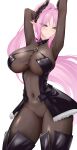  1girl absurdres armpits arms_up azur_lane black_boots black_bow black_horns black_jacket blush bodysuit boots bow breasts brown_bodysuit closed_mouth commentary covered_armpit covered_navel fur-trimmed_jacket fur_trim green_eyes hair_intakes high_ponytail highres horns huge_breasts jacket long_hair max_immelmann_(azur_lane) mole mole_under_mouth pink_hair pink_lips pointy_ears ponytail shiyoru simple_background smile solo thigh_boots thighs white_background 