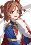  1girl :d absurdres aijo_karen arms_at_sides artist_name belt belt_buckle blue_jacket brown_eyes brown_hair buckle buttons commentary crown epaulettes from_side fur-trimmed_jacket fur_trim grey_background highres jacket jacket_on_shoulders long_sleeves looking_at_viewer looking_to_the_side mini_crown multicolored_jacket open_mouth s_hy sash short_hair shoujo_kageki_revue_starlight shoulder_sash smile solo tassel tilted_headwear two-tone_background two-tone_jacket two_side_up upper_body white_background white_sash yellow_belt 