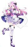  1girl alternate_costume animal_ear_fluff animal_ears apron black_bow blue_eyes blush bow braid breasts cat_ears cat_girl cat_tail citlali_(genshin_impact) citlalin_(genshin_impact) cleavage cleavage_cutout closed_mouth clothing_cutout commentary_request facial_mark fingernails forehead_mark frilled_apron frilled_wrist_cuffs frills full_body furukawa_lemon genshin_impact hair_bow hair_intakes hands_up high_heels highres itzpapa_(genshin_impact) kemonomimi_mode long_hair looking_at_viewer medium_breasts multicolored_hair nail_polish paw_pose pink_bow pink_hair pink_pupils pink_ribbon purple_hair purple_nails purple_shoes ribbon shoes simple_background smile solo standing standing_on_one_leg tail tail_ornament tail_ribbon thighhighs triangle triangle_facial_mark twin_braids very_long_hair waist_apron watermark white_apron white_background white_thighhighs white_wrist_cuffs wrist_cuffs 