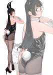  1girl absurdres animal_ear_hairband animal_ears ass black_hair black_leotard black_pantyhose black_shoes bow bowtie detached_collar fake_animal_ears from_behind full_body green_eyes hairband high_heels highres kantai_collection leaning_forward leotard looking_at_viewer looking_back multiple_views ojipon ooyodo_(kancolle) pantyhose playboy_bunny rabbit_ears rabbit_tail shoes simple_background smile strapless strapless_leotard tail thighband_pantyhose watermark white_background wrist_cuffs 
